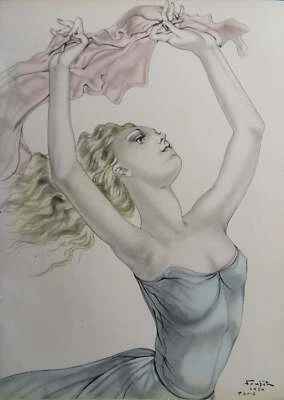 Léonard Tsuguharu FOUJITA : La danseuse en foulard rose, Lithographie signée - Photo 1/4