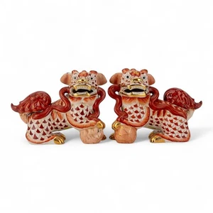 large Porcelain Orange Fishnet fish net Chinese oriental foo dogs figurines pair - Picture 1 of 4