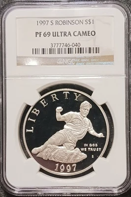 1997-S $1 Jackie Robinson Silver Dollar Commemorative NGC PF69 Ultra Cameo - Image 1 of 4