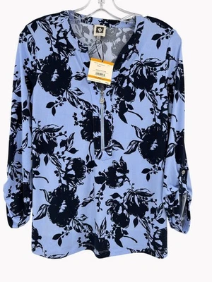 Blusa Anne Klein Talla S Floral Cuello Dividido Azul Marino Claro Botón Pestaña Manga Nueva Foto 1 de 4