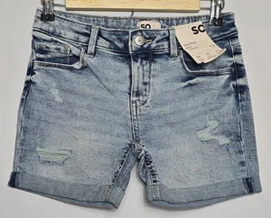 Girl's NWT Kohl's SO Mid Rise Stretch Denim Shorts Blue Distressed Size 12 - Picture 1 of 8