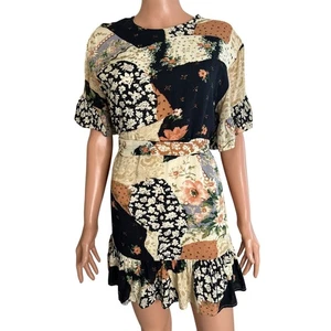 Urban Outfitters Suddenly Spring Ruffle waist Tie short Dress patchwork SZ SM - Picture 1 of 9