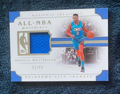 Tarjeta de camiseta parche usada en el juego Russell Westbrook 2018-19 National Treasures/99 Foto 1 de 2