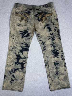 Jeans Robin's Jean Para Hombre 42 Caqui Negro Tie Dye Tachonado Cuero Alas Hechos en EE. UU. Foto 1 de 4