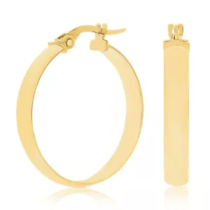 Italian 14k Yellow Gold Shiny Rounded Flat Medium Hollow Hoop Earrings 1" 1.8g - Picture 1 of 4