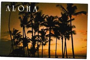 WAIKIKI BEACH Silhouetted Cocopalm ALOHA SUN SET Palm Trees Hawaii Postcard 1984 - Picture 1 of 2