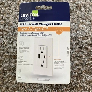 Leviton Decora Tipo C & A USB T5633-BW Carga BLANCO TOMA RESISTENTE A MANIPULACIONES - Imagen 1 de 5