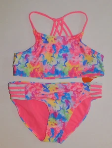 Girls XL 14 16 Swim Suit Two Piece Bathing Suit Colorful Pink Fancy Straps Bikin - Picture 1 of 6