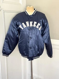 MLB NY YANKEES Bomber Jacket Blue Satin Mighty Mac Sports Youth L - Picture 1 of 11