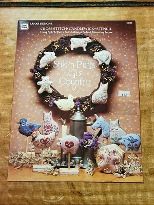 STIK' N PUFF GO COUNTRY 2 PIG CAT BEAR RABBIT CROSS STITCH PATTERN FREE SHIPPING - Image 1 of 2