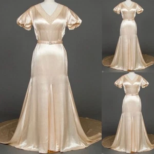 Vintage Light Champagne Wedding Dresses with Short Sleeves Satin Bridal Gowns - Picture 1 of 8