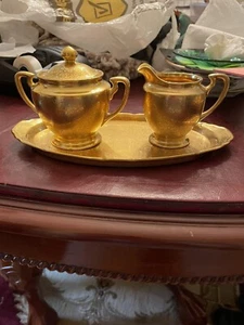 Tazón, crema y plato de azúcar de oro de 24 quilates vintage Pickard muy bonito - Imagen 1 de 2