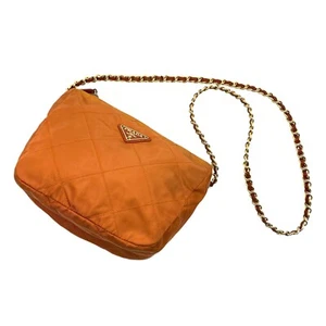 PRADA Shoulder Bag Nylon Chain Crossbody Purse Orange Gold Authentic From Japan - Picture 1 of 24