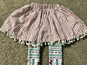Girls Mud Pie Striped Christmas Pom Pom Skirt With Built In Tights Size 4 - Picture 1 of 6