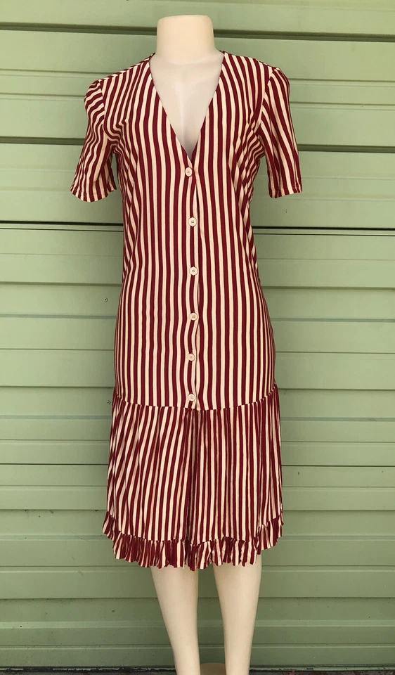 Zara Beige Red Two-tone Striped Dress Ruffles 3401m 100 Viscose Medium