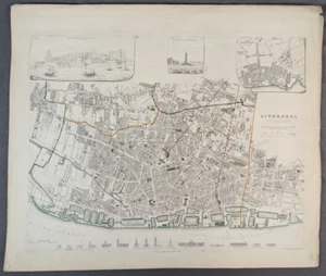 1852 Liverpool England SDUK Map Hand Colored Engravings City View Antique - Picture 1 of 6