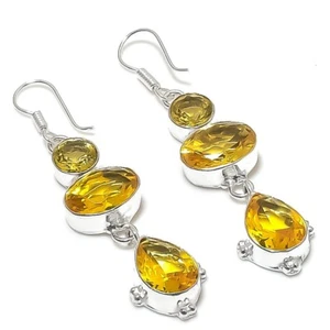Yellow Citrine Gemstone Handmade 925 Sterling Silver Jewelry Earring Size 2.5" - Picture 1 of 1