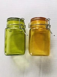 Two Glass Canister Airtight Jars with Glass Lids with Clasps - 10oz Green/Yellow - Picture 1 of 5