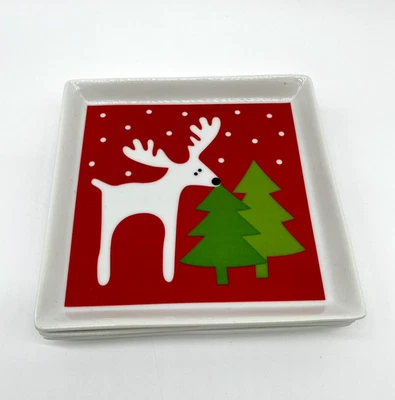 Lot 3 Crate & Barrel Square Reindeer Christmas Tree Appetizer Party Plate 6” - Image 1 of 4