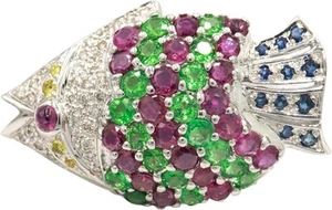 18k White Gold 4.70CT Diamond Ruby Sapphire Tropical Fish Brooch - Picture 1 of 5