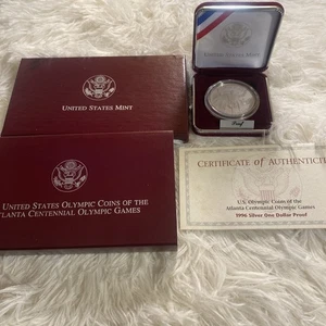1996 Atlanta Centennial Olympic Silver $1 Proof Coin, 90% Silver, Box & CoA  - Picture 1 of 8