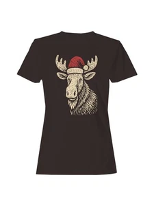 Festive Moose with Santa Hat Women's T-shirt - Picture 1 of 12