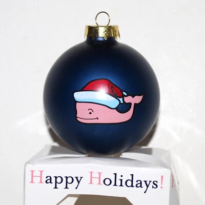 Vineyard Vines Christmas Ornament blue glass ball pink whale Santa logo - Image 1 of 4