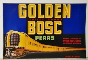 Vintage! Art Deco Produktetikett RAR Goldene Bosc Birnen Medford ODER Zug Deko - Bild 1 von 2