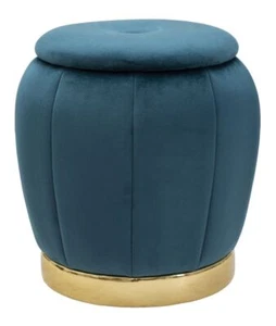 Pouf Contenitore Paris in Velluto Ottanio e Oro - Ø 43x43 cm - Foto 1 di 5