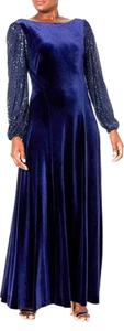 Tahari ASL 12 Puff Long Sequin Sleeve Bateau Neck Velvet Gown Dress Navy $218 - Picture 1 of 14