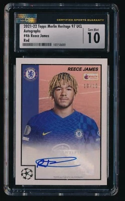 2021-2022 Topps Merlin's Heritage 97 UCL Auto Red #46 CSG 10 Reece James 10/10 - Image 1 of 2