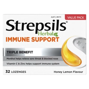 Strepsils Herbal Immune Support 32 Lozenges - Honey Lemon Flavour Sore Throat - Picture 1 of 2