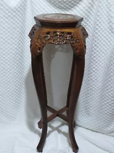 RARE Antique Oriental Carved Wood Plant Stand 37" tall - MARBLE TOP! Excellent!! - Picture 1 of 4