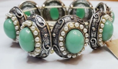 Pulsera elástica Erica Lyons plata antigua con turquesa y perlas nueva #33 Foto 1 de 2