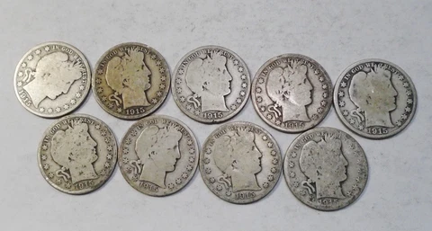 1915 US Barber Silver Half Dollars Lot of 9 Cover