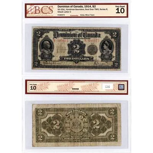 $2 1914 Dominion of Canada Note Seal over TWO Series R DC-22d - BCS VG-10 - Picture 1 of 3