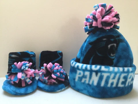 CAROLINA PANTHERS baby girl pink HAT & BOOTIES SET FLEECE newborn HANDCRAFTED Cover