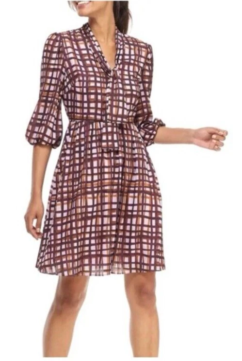 Gal Meets Glam Lindsey 3/4 Slv Dress Sze 2 Windowpane Multi Tie Neck Pockets