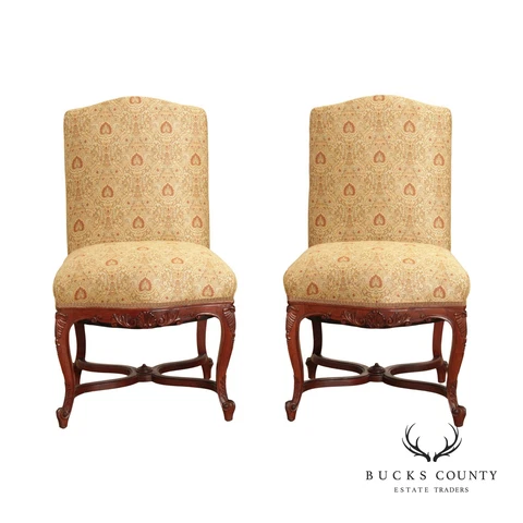 French Louis XV Style Antique Pair Carved Mahogany Side Chairs Cover