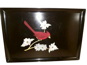 Mid Century Modern Couroc of Monterey Black Inlay Tray Cardinal Dogwood Blooms - Picture 1 of 10