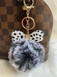 Polka Dot Pom Pom Bag Charm Keychain Fluffy Key Ring Car Charm Bow Bling New - Picture 1 of 2