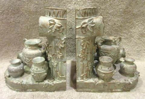 Set 2 Antiqued Roman Column Bookends Green & Gold Distressed - Amphora Jars Cover