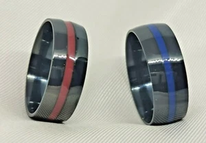 Mens 6mm Black Stainless Steel Wedding Band Ring with Red Or Blue Stripe New - Picture 1 of 6