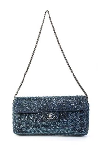 Chanel Womens Crystal Strass Single Flap E/W Handbag Blue - Picture 1 of 14