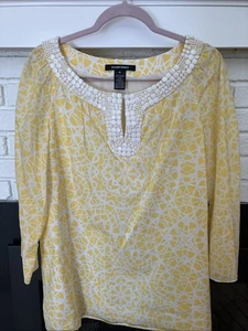 Original Ellen Tracy Yellow & White Beaded Cotton Tunic Style Blouse Size XL - Picture 1 of 12