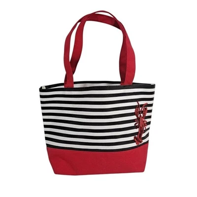 Quaker Factory Red Sequin Lobster Black White Stripe Canvas Tote Shoulder Bag - Image 1 of 4