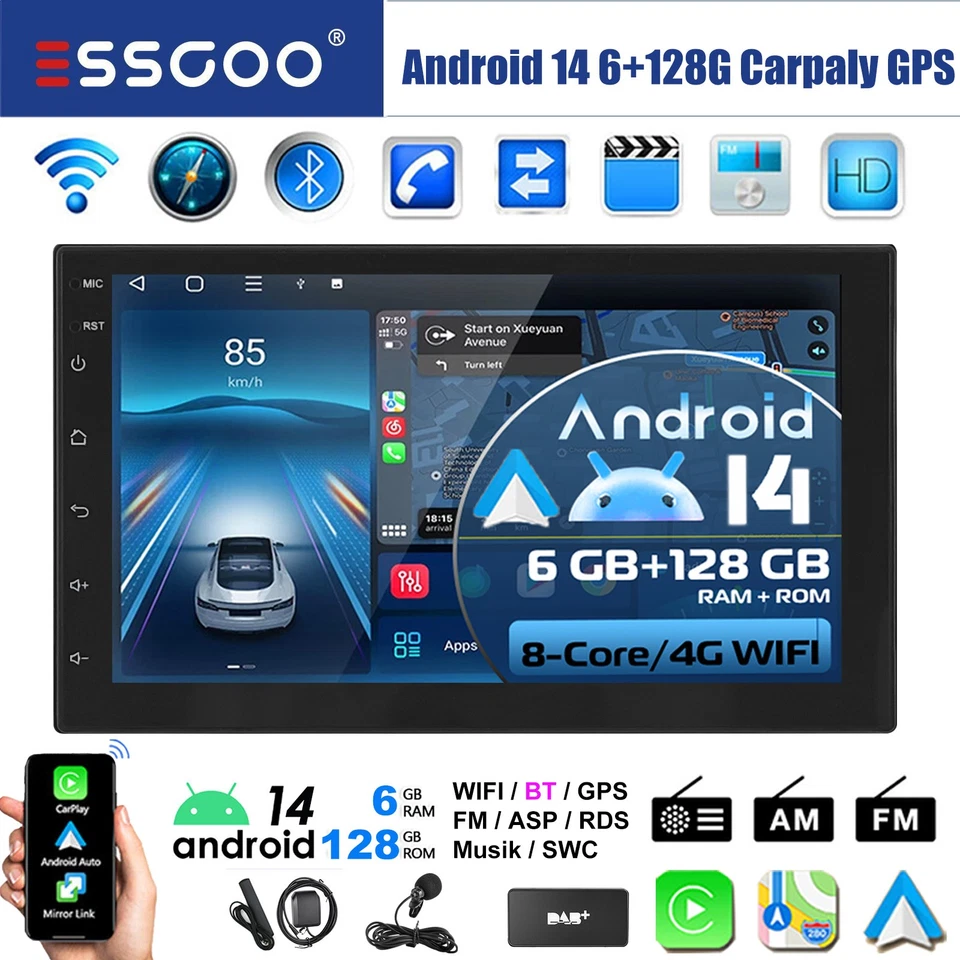 DAB+ Doppel 2DIN 6+128GB Android 14 Autoradio GPS Navi Bluetooth WiFi FM MP5 kam - Bild 1 von 4