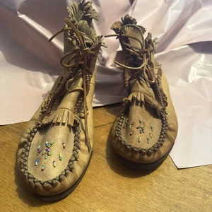 Vintage Handarbeit Leder Mokassin Perlen mit Fransen Rohhaut Schnürsenkel Größe 8 - Bild 1 von 18