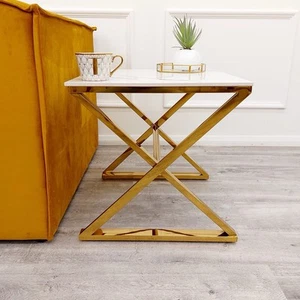 Luxury Zion 55x55x54cm Gold Lamp/Side Table with Polar White Sintered Stone Top - Picture 1 of 4