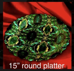 15” Decorative Round Platter Marbled Abstract Art 1.5”deep (emerald green/gold) - Picture 1 of 24